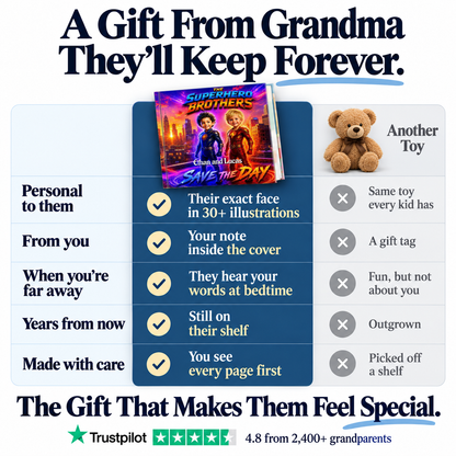 Superhero Duo vs. a teddy bear — a gift from Grandma they'll keep forever
